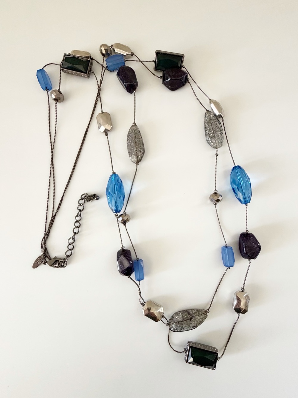 NY Two Layer Beaded Long Necklace Blue Black Grey